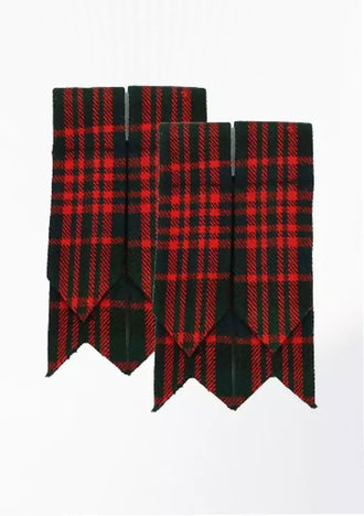 MacDonald tartan kilt flashes with elastic garters in red, green, and blue tones