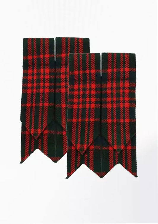 MacDonald tartan kilt flashes with elastic garters in red, green, and blue tones
