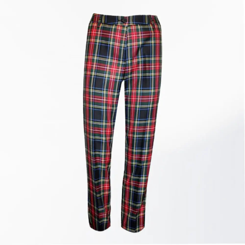 Front view of Custom Made Ladies Black Stewart Tartan Trousers with feminine fit and bold pattern


