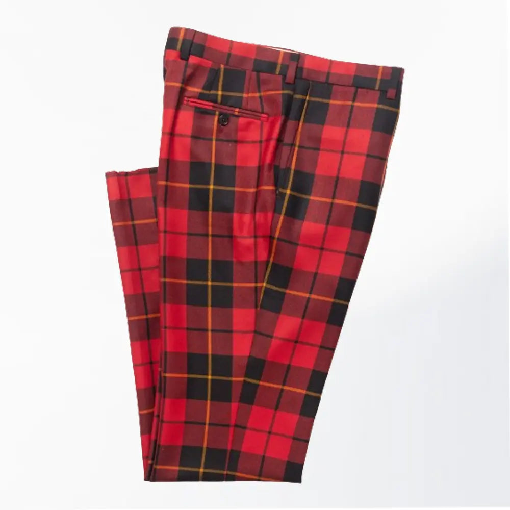 Front view of Custom Made Wallace Tartan Dress Trousers with red and black tartan pattern and tailored design