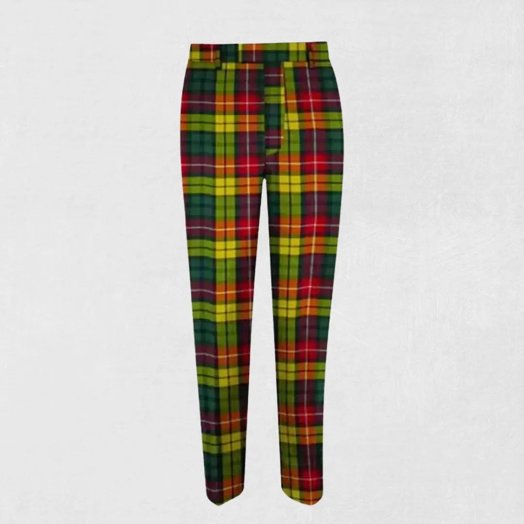 Custom Buchanan tartan trousers in green, blue, and black with a classic flat-front design.