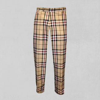 Camel Thomson tartan trousers with flat-front design and tailored fit in warm earthy tones.