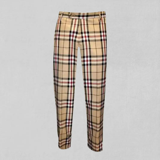 Camel Thomson tartan trousers with flat-front design and tailored fit in warm earthy tones.