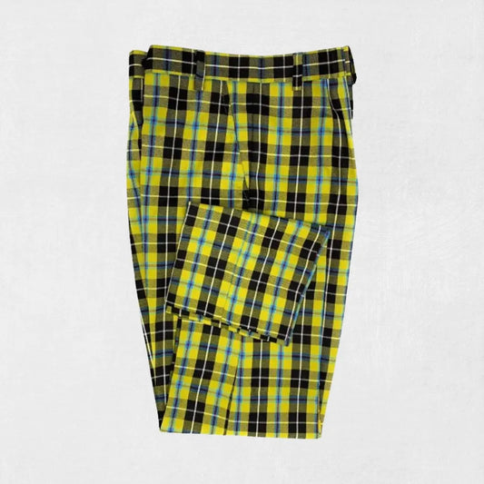 Cornish tartan trousers in blue, black, and green with a classic fit and flat-front design.
