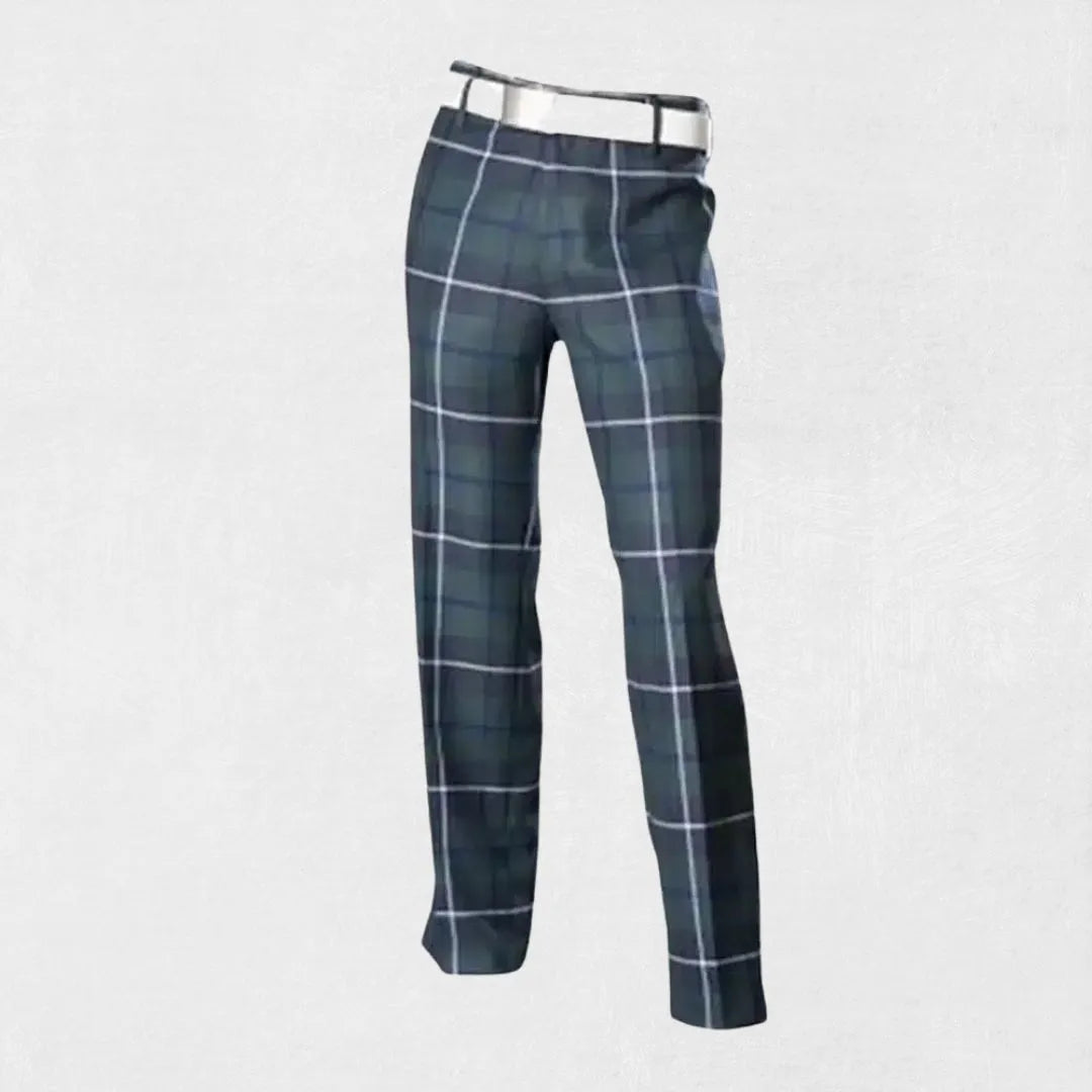 Douglas tartan trousers in blue, green, and black with a flat-front and tailored fit.
