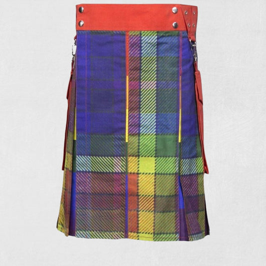 Front view of the custom-made traditional Scottish modern rainbow kilt featuring a colorful rainbow tartan design.
