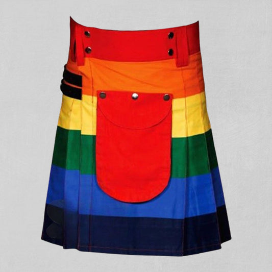 Front view of the custom-made traditional Scottish modern rainbow kilt with vibrant rainbow tartan design.
