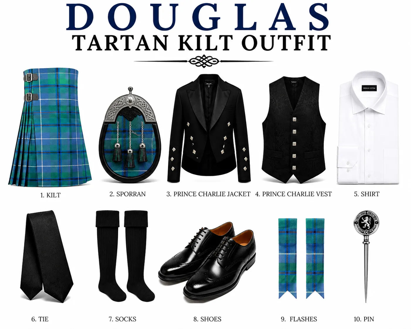 A product collage titled 'DOUGLAS TARTAN KILT OUTFIT' showing multiple coordinated items: a tartan kilt, sporran, black double-breasted jacket, black vest, white shirt, black tie, black socks, black shoes, two tartan scarf pieces, and a silver pin, each labeled with a number.