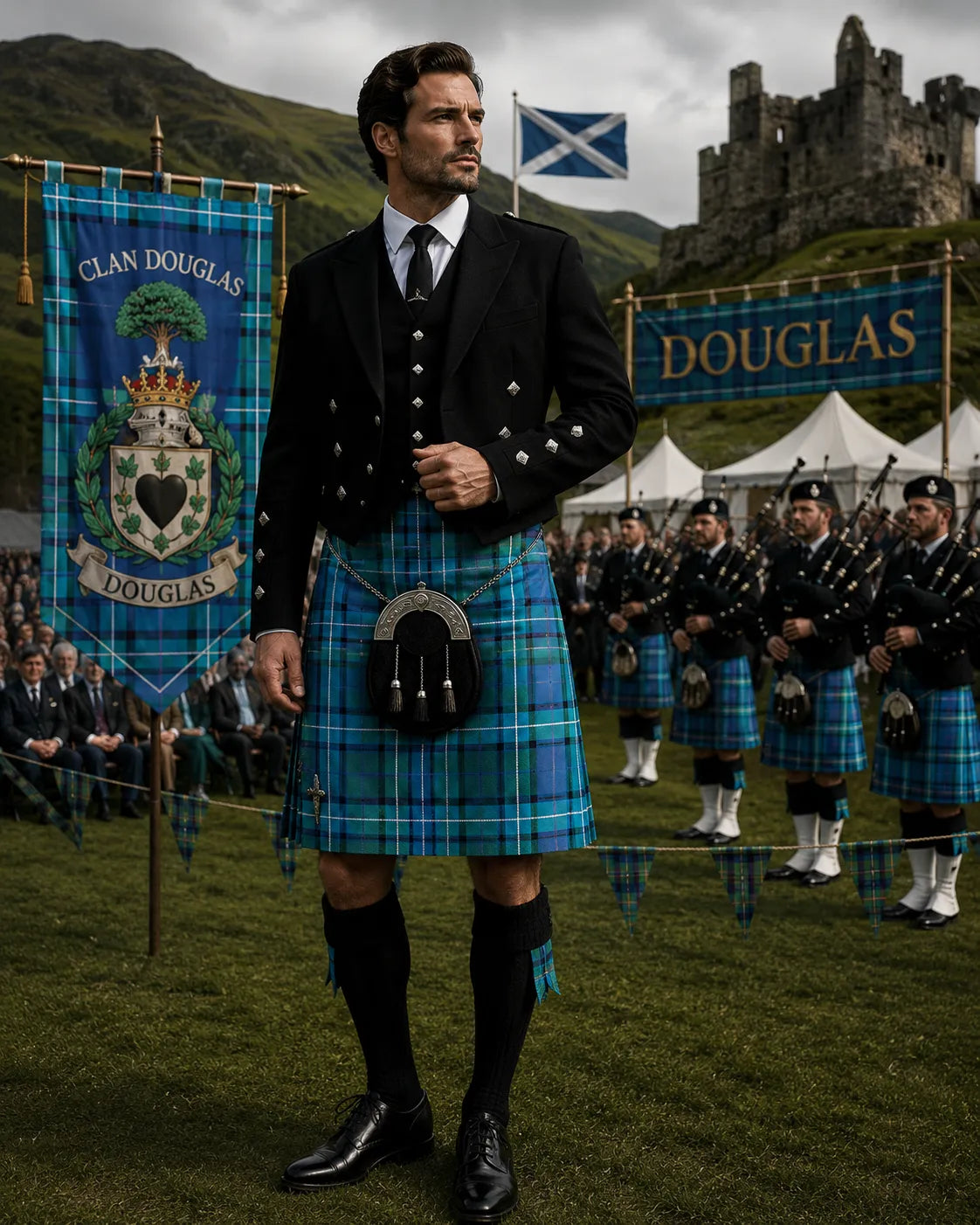 Douglas Tartan Outfit featuring a traditional Scottish kilt with coordinated Highland clothing and accessories