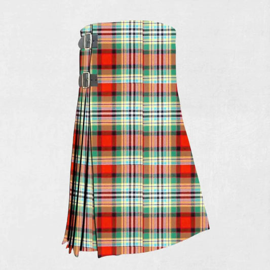 Hand made Dundee tartan kilt with blue, green, and red check pattern