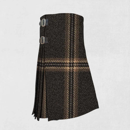 Hand made Eternity tartan kilt with black, silver, and grey check pattern