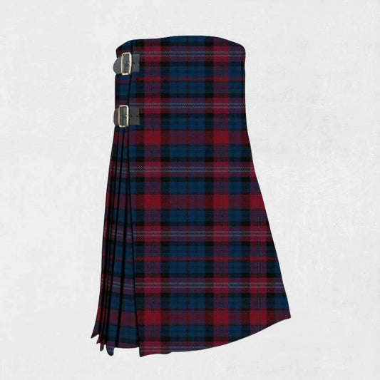 Hand made Evans tartan kilt with green, navy, and red check pattern