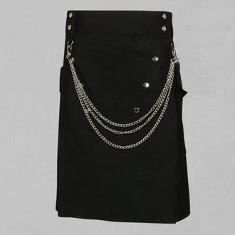 Front view of the Fashion Gothic Utility Kilt showcasing its unique design, structured lines, and multiple functional pockets.
