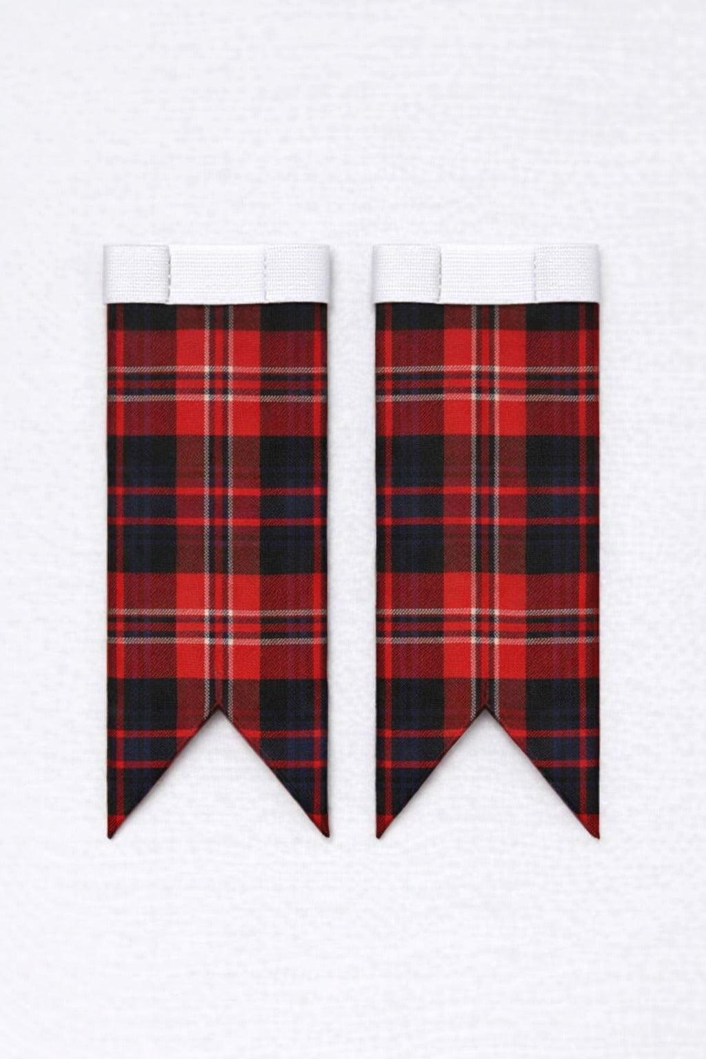 Fraser Red Modern tartan flashes worn with traditional Scottish kilt hose for Highland dress