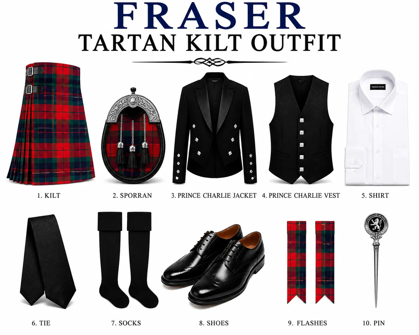 A product display sheet for the 'Fraser Tartan Kilt Outfit' showing ten components labeled 1 through 10: a red and black tartan kilt, a sporran, a black double-breasted jacket, a black vest, a white dress shirt, a black tie, black socks, black leather shoes, red tartan flashes, and a silver pin. The title 'FRASER TARTAN KILT OUTFIT' is displayed at the top.