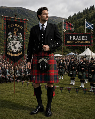 Fraser Tartan Outfit featuring a traditional Scottish kilt with coordinated Highland clothing and accessories