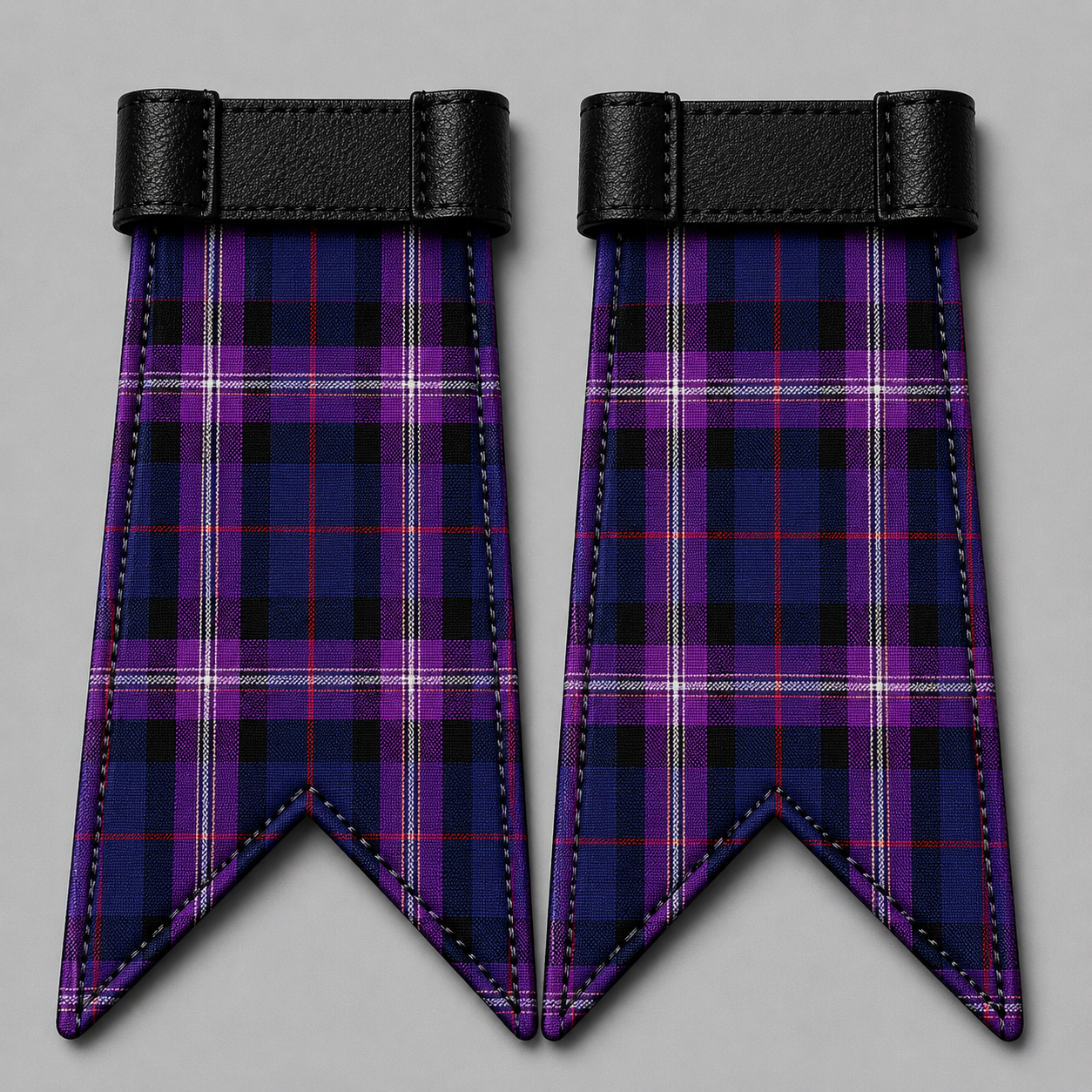 Freemasons Universal Tartan kilt flashes attached to kilt hose for traditional Scottish Highland dress wear