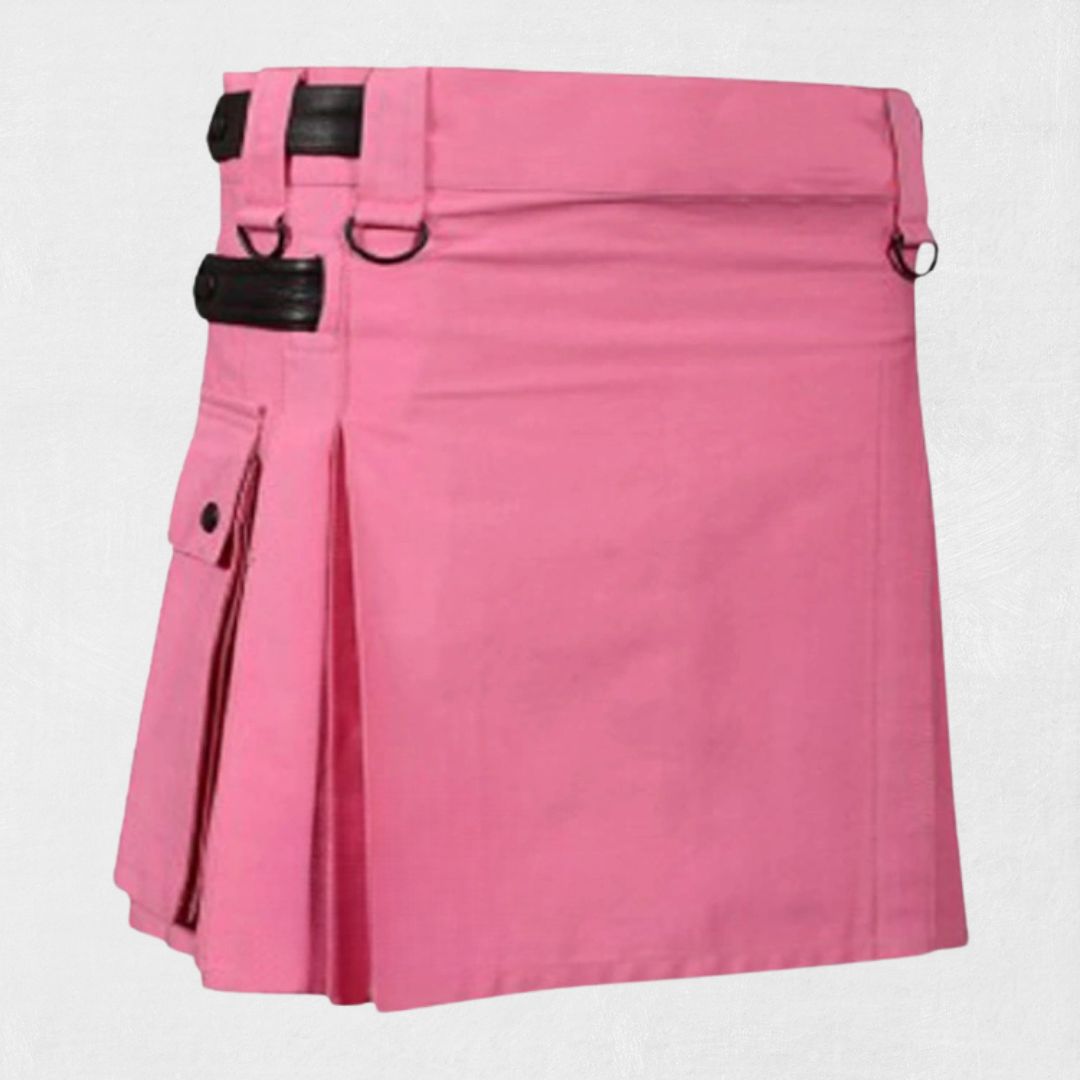 Front view of Traditional Scottish Pink Women Utility Kilt with functional pockets and adjustable waist straps