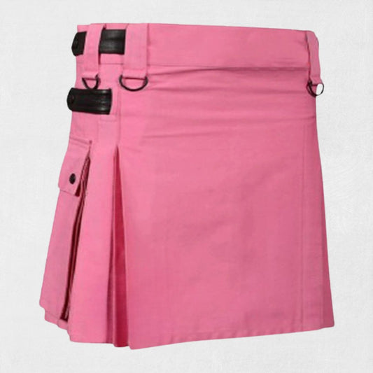 Front view of Traditional Scottish Pink Women Utility Kilt with functional pockets and adjustable waist straps