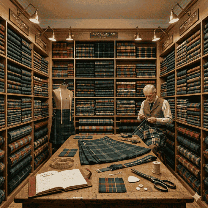 Man working with plaid fabric in a room filled with shelves of fabric swatches.