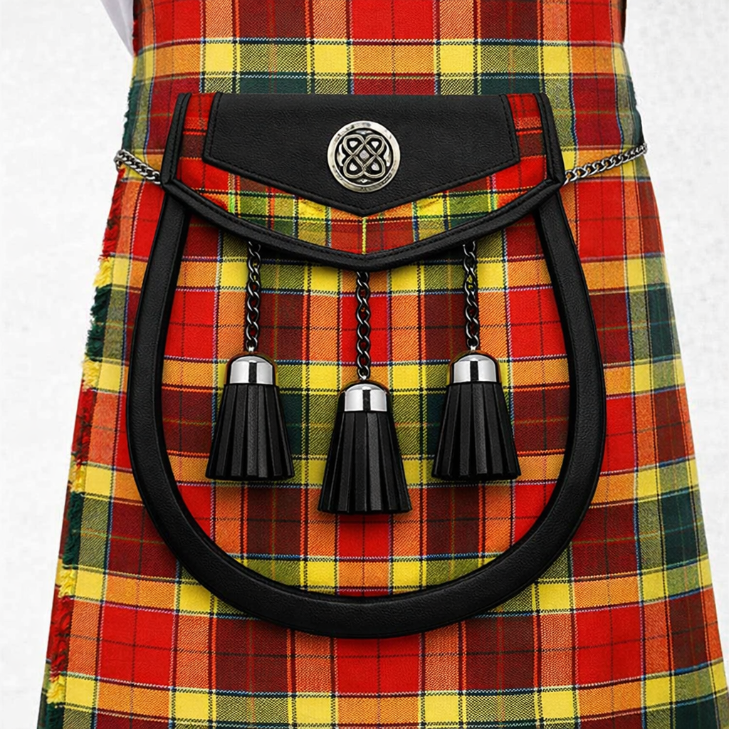 Gibbs Gibson Modern tartan sporran with traditional tassels and leather backing for Scottish kilt outfits