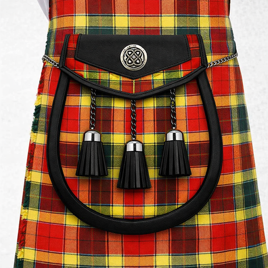 Gibbs Gibson Modern tartan sporran with traditional tassels and leather backing for Scottish kilt outfits