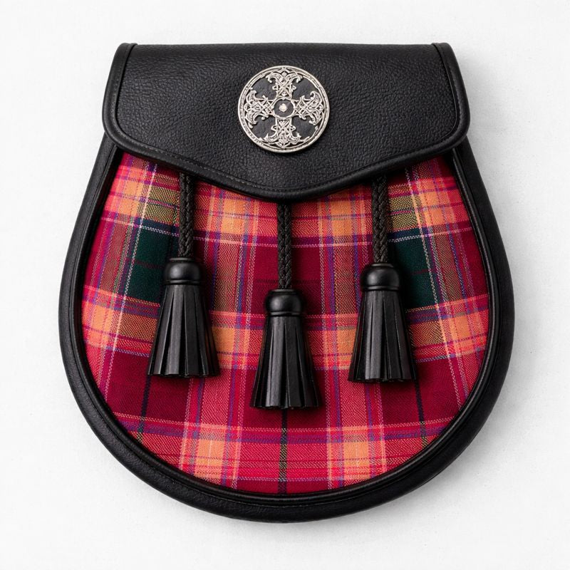 Gibbs Gibson tartan sporran with traditional tassels and leather backing for classic Scottish kilt wear