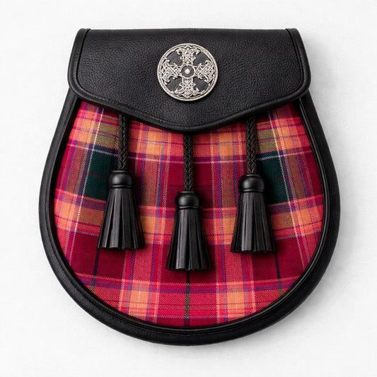 Gibbs Gibson tartan sporran with traditional tassels and leather backing for classic Scottish kilt wear
