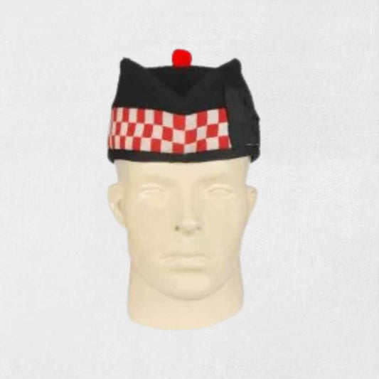 Traditional Glengarry bagpipe hat with ribbon tails and pom-pom
