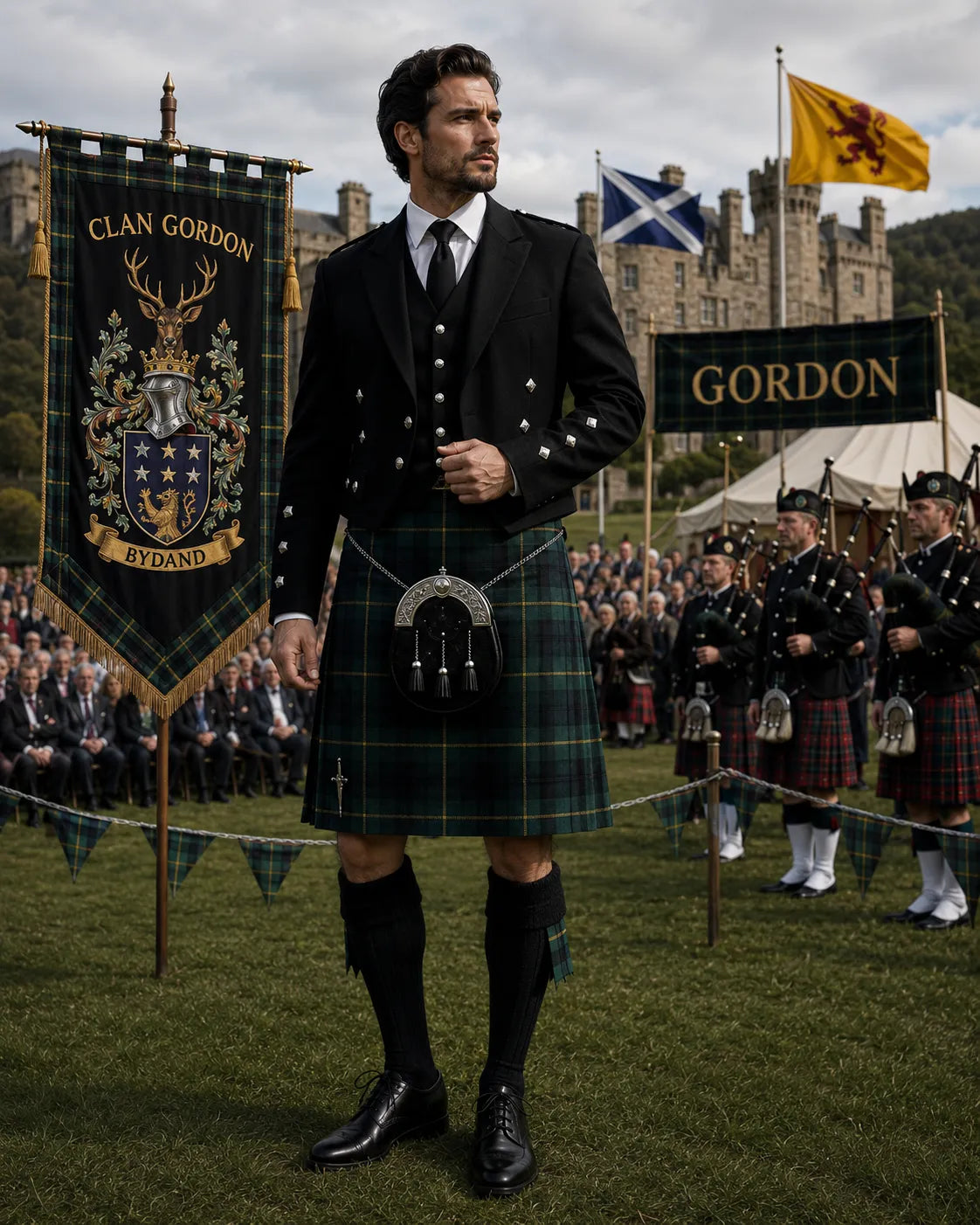 Shop the Gordon Tartan Outfit featuring a Scottish kilt and coordinated Highland accessories. Perfect for weddings, clan gatherings, Highland games, festivals, and formal events.