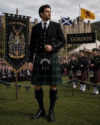 Shop the Gordon Tartan Outfit featuring a Scottish kilt and coordinated Highland accessories. Perfect for weddings, clan gatherings, Highland games, festivals, and formal events.