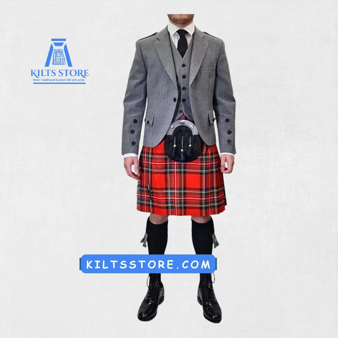 Front view of the Grey Argyle Kilt Outfit for Men, highlighting the sophisticated grey argyle pattern on the jacket and kilt, perfect for formal occasions and traditional wear.