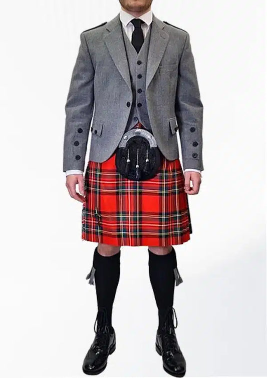 Front view of the Grey Argyle Kilt Outfit for Men, highlighting the sophisticated grey argyle pattern on the jacket and kilt, perfect for formal occasions and traditional wear.