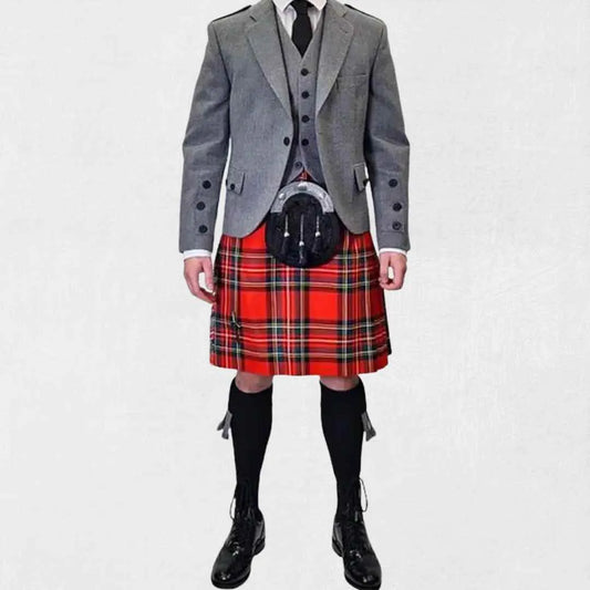 Front view of the Grey Argyle Kilt Outfit for Men, highlighting the sophisticated grey argyle pattern on the jacket and kilt, perfect for formal occasions and traditional wear.