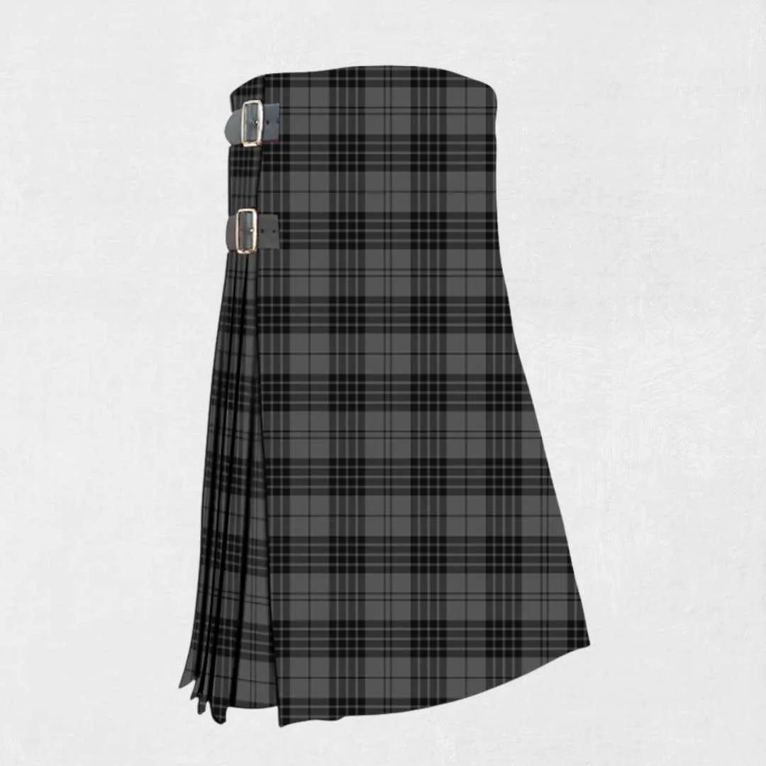 Hand made Grey Spirit tartan kilt with grey, black, and white check pattern