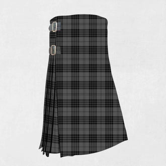 Hand made Grey Spirit tartan kilt with grey, black, and white check pattern