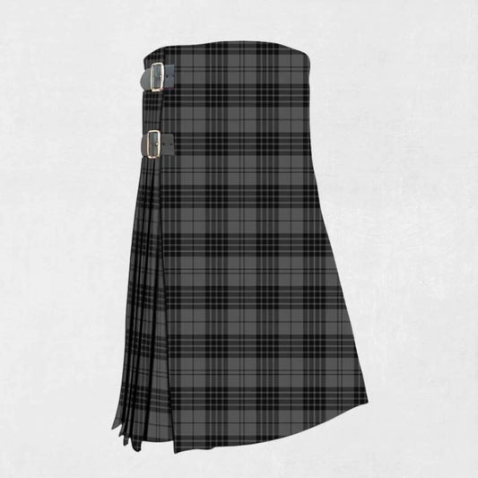 Hand made Grey Spirit tartan kilt with grey, black, and white check pattern