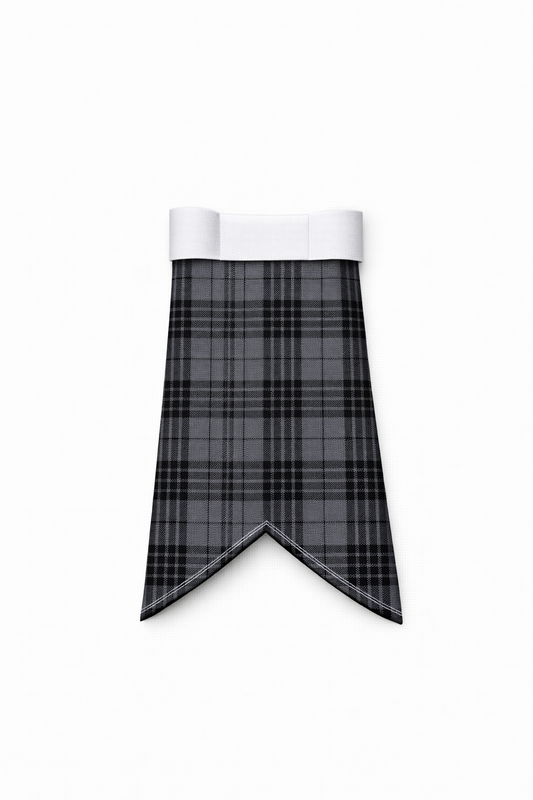 Grey Spirit tartan flashes worn with traditional Scottish kilt hose for Highland dress