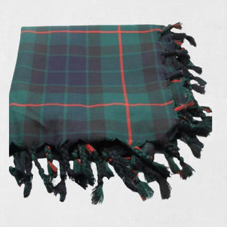 Gunn tartan fly plaid draped over shoulder as part of traditional Scottish Highland outfit