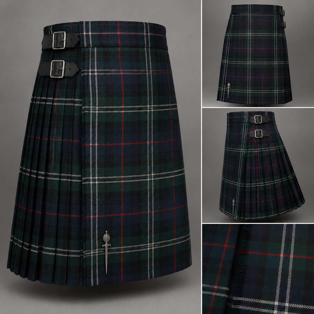 Gunn Tartan Kilt featuring authentic Scottish clan tartan with traditional pleated Highland design