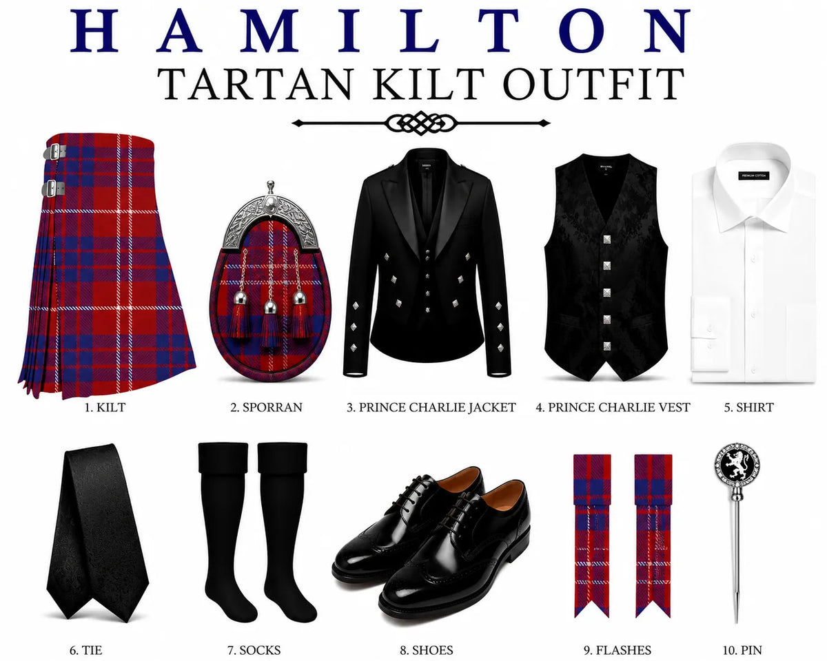 Hamilton Tartan Kilt Outfit collage showing multiple coordinated items: a red and blue tartan kilt, sporran, black jacket, black vest, white shirt, black tie, black socks, black shoes, and tartan flashes, with the title 'HAMILTON TARTAN KILT OUTFIT' at the top.
