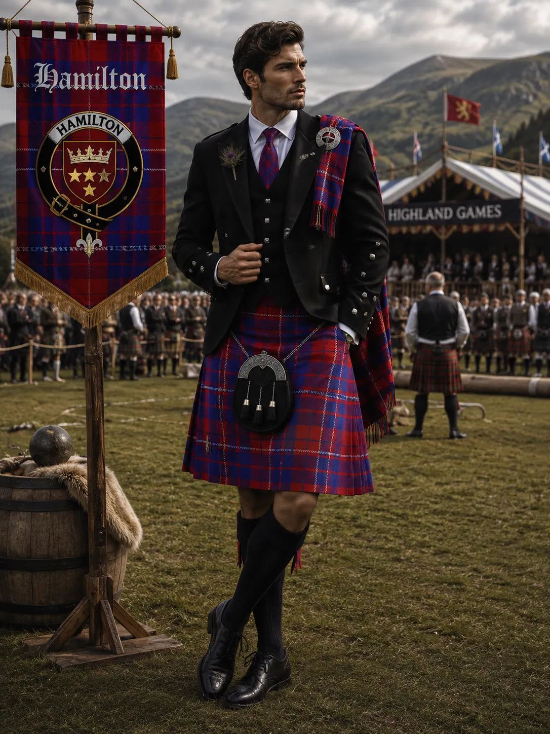 Hamilton Tartan Outfit With Prince Charlie Jacket featuring a traditional Scottish kilt and formal Highland accessories