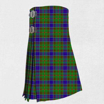 Hand-made Adams Tartan Kilt front view, showcasing adjustable straps and high-quality wool fabric with the iconic Adams Tartan pattern.