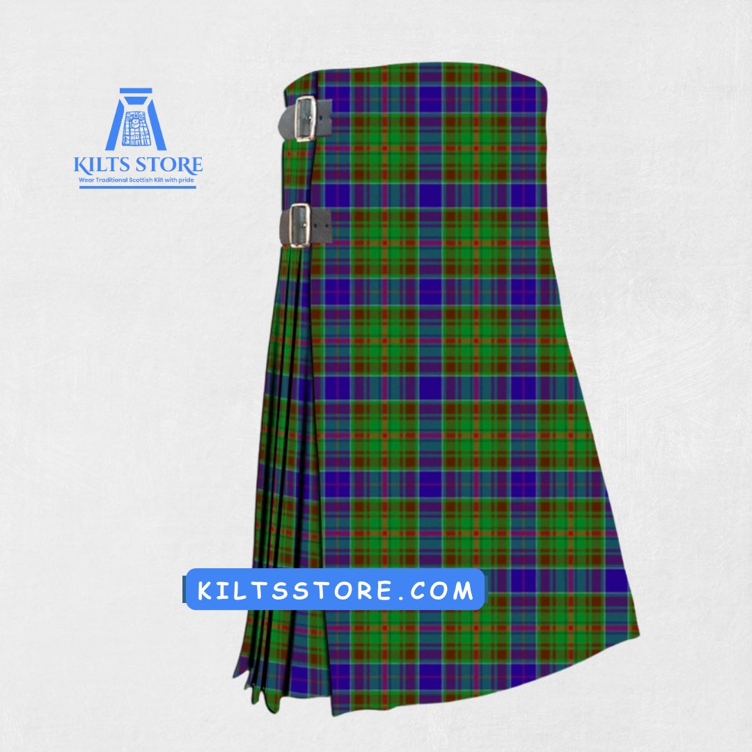 Hand-made Adams Tartan Kilt front view, showcasing adjustable straps and high-quality wool fabric with the iconic Adams Tartan pattern.