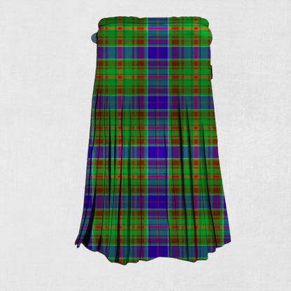 Hand-made Adams Tartan Kilt front view, showcasing adjustable straps and high-quality wool fabric with the iconic Adams Tartan pattern.