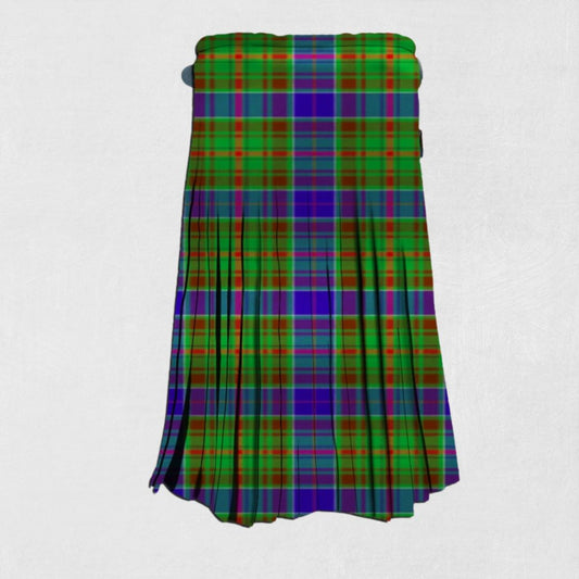 Hand-made Adams Tartan Kilt front view, showcasing adjustable straps and high-quality wool fabric with the iconic Adams Tartan pattern.