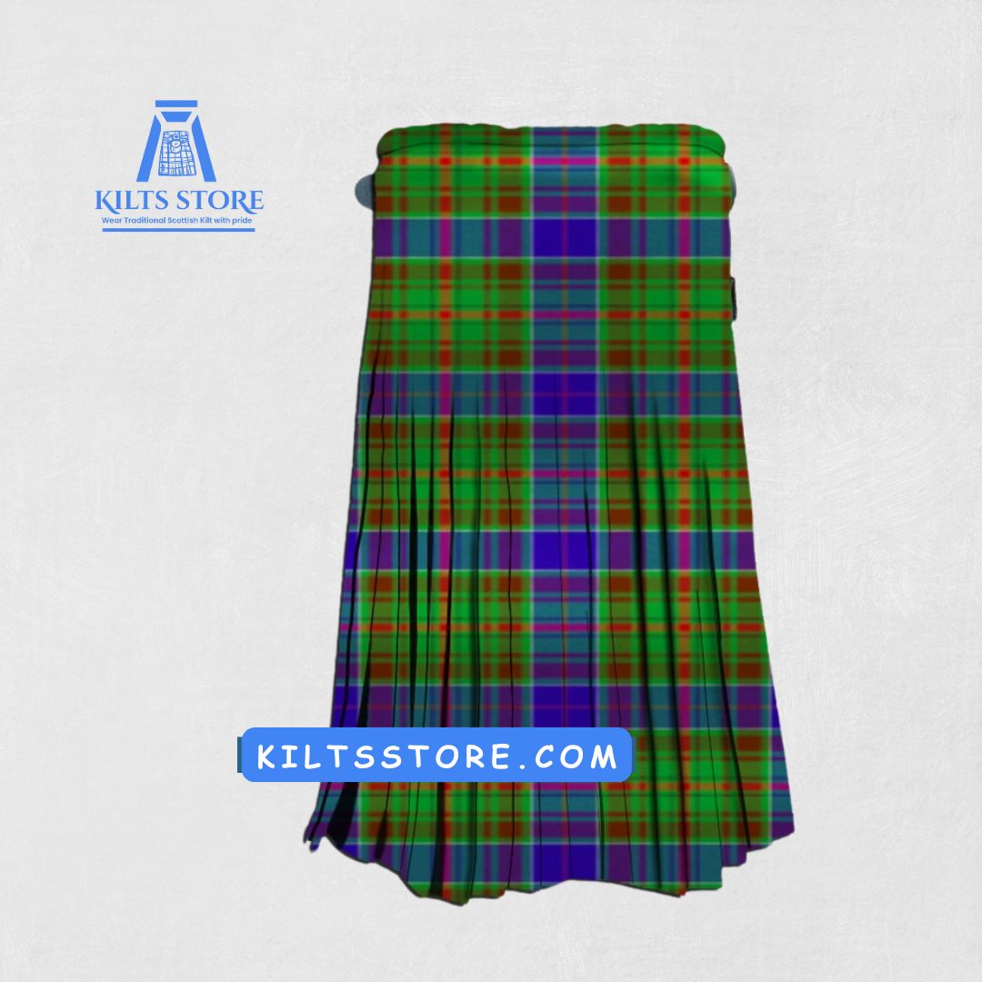 Hand-made Adams Tartan Kilt front view, showcasing adjustable straps and high-quality wool fabric with the iconic Adams Tartan pattern.