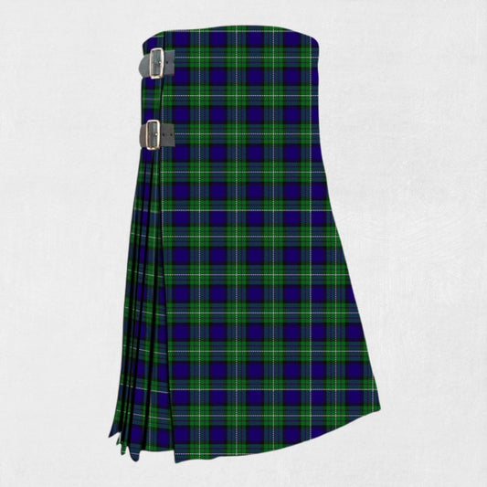 Hand-made Alexander Tartan Kilt front view, featuring the adjustable straps and premium wool fabric with the classic Alexander Tartan pattern.
