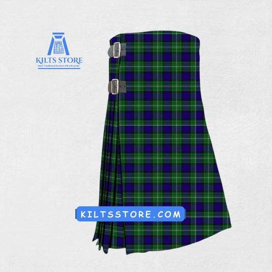 Hand-made Alexander Tartan Kilt front view, featuring the adjustable straps and premium wool fabric with the classic Alexander Tartan pattern.