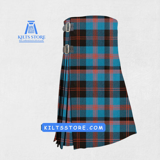 Hand-made Angus Tartan Kilt front view, showcasing adjustable straps and high-quality wool fabric with the bold Angus Tartan pattern.